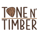 Tone n’ Timber logo with woodgrain guitar pick design.